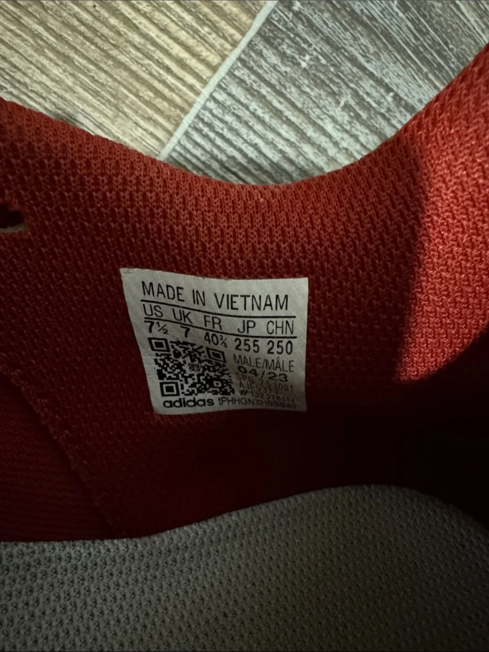 adidas Red Athletic Shoe Interior Label Detail
